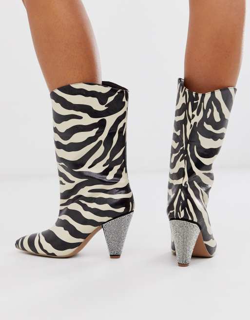 ASOS DESIGN Experiment embellished pull on boots in zebra print | ASOS