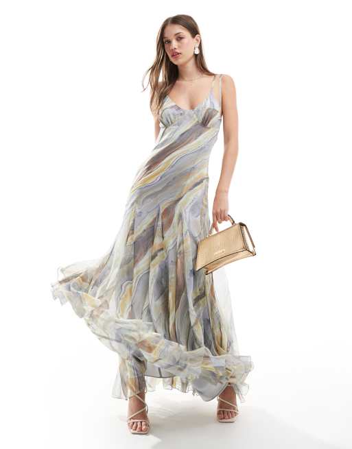 ASOS DESIGN exposed bralet cami maxi dress with godets in abstract marble print