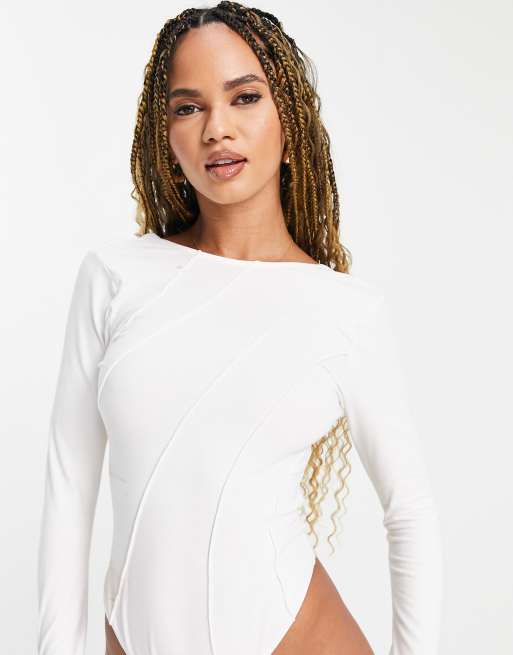 ASOS DESIGN exposed seam bodysuit with thumb holes in ecru