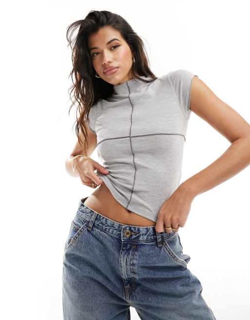 ASOS DESIGN exposed seam – Knapp geschnittenes T-Shirt in Grau mit Sichtnähten