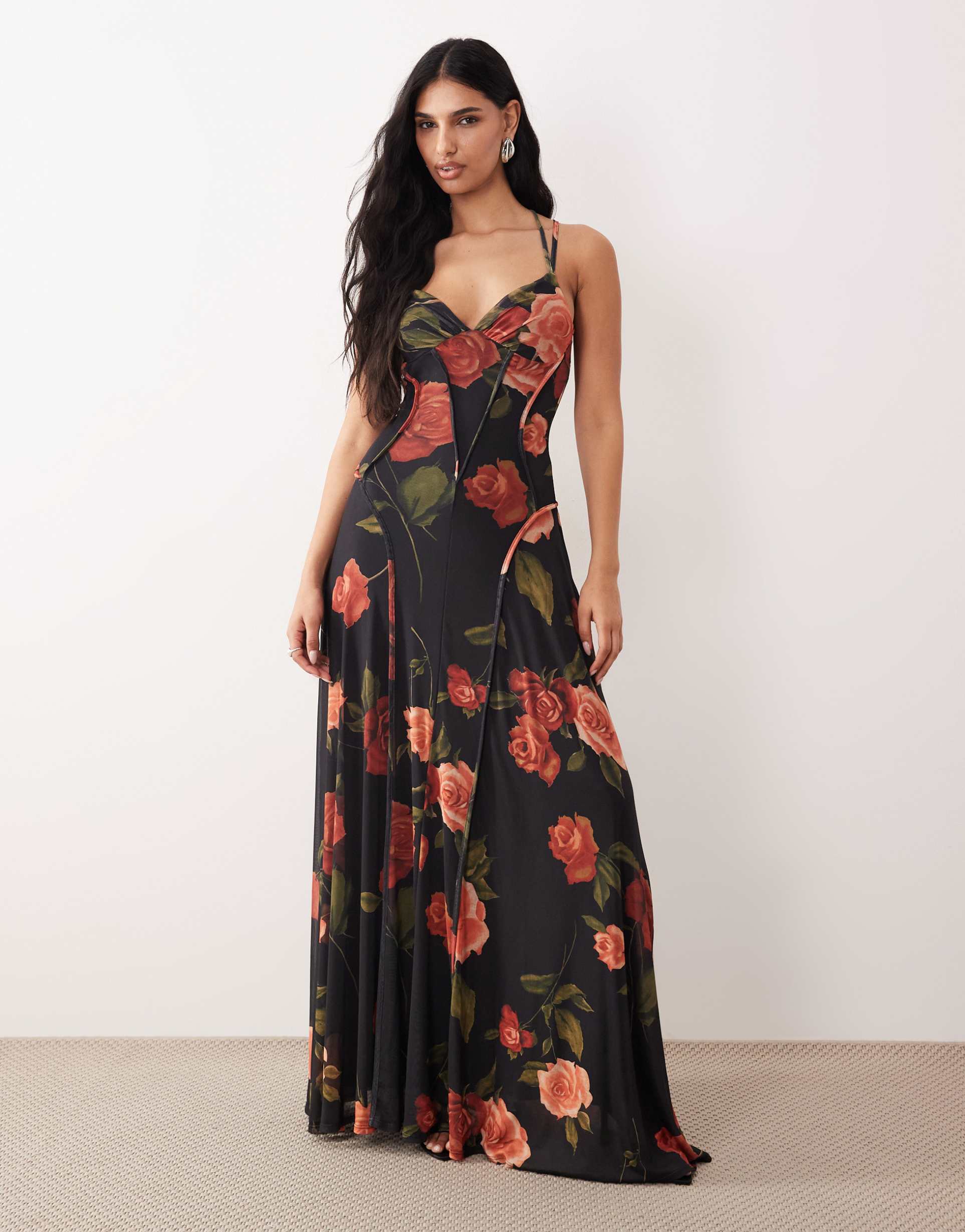 asos design exposed seam maxi dress in floral print