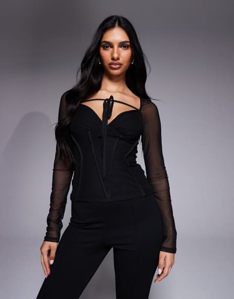 ASOS DESIGN exposed seam mesh long sleeve top in black - view 1