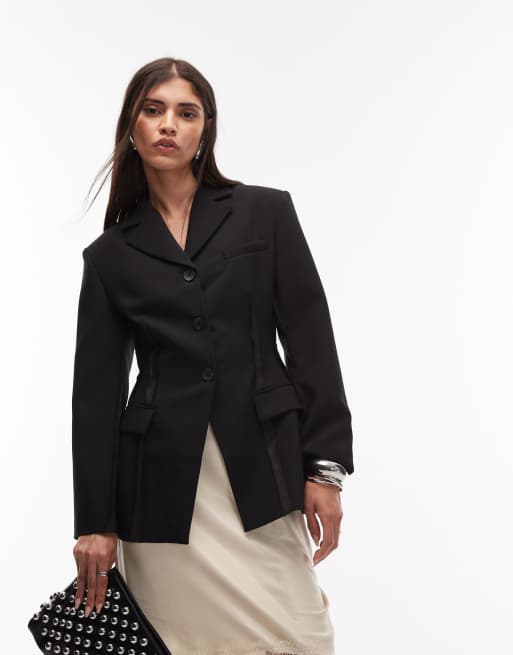 ASOS DESIGN exposed seam nipped blazer with shoulder pads in black, 3 of 4
