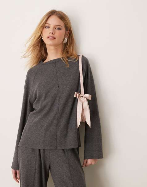ASOS DESIGN exposed seam oversized supersoft top co ord in dark grey marl - view 1