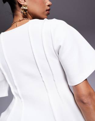 Asos Design Exposed Seam Peplum Short Sleeve Top-white In White