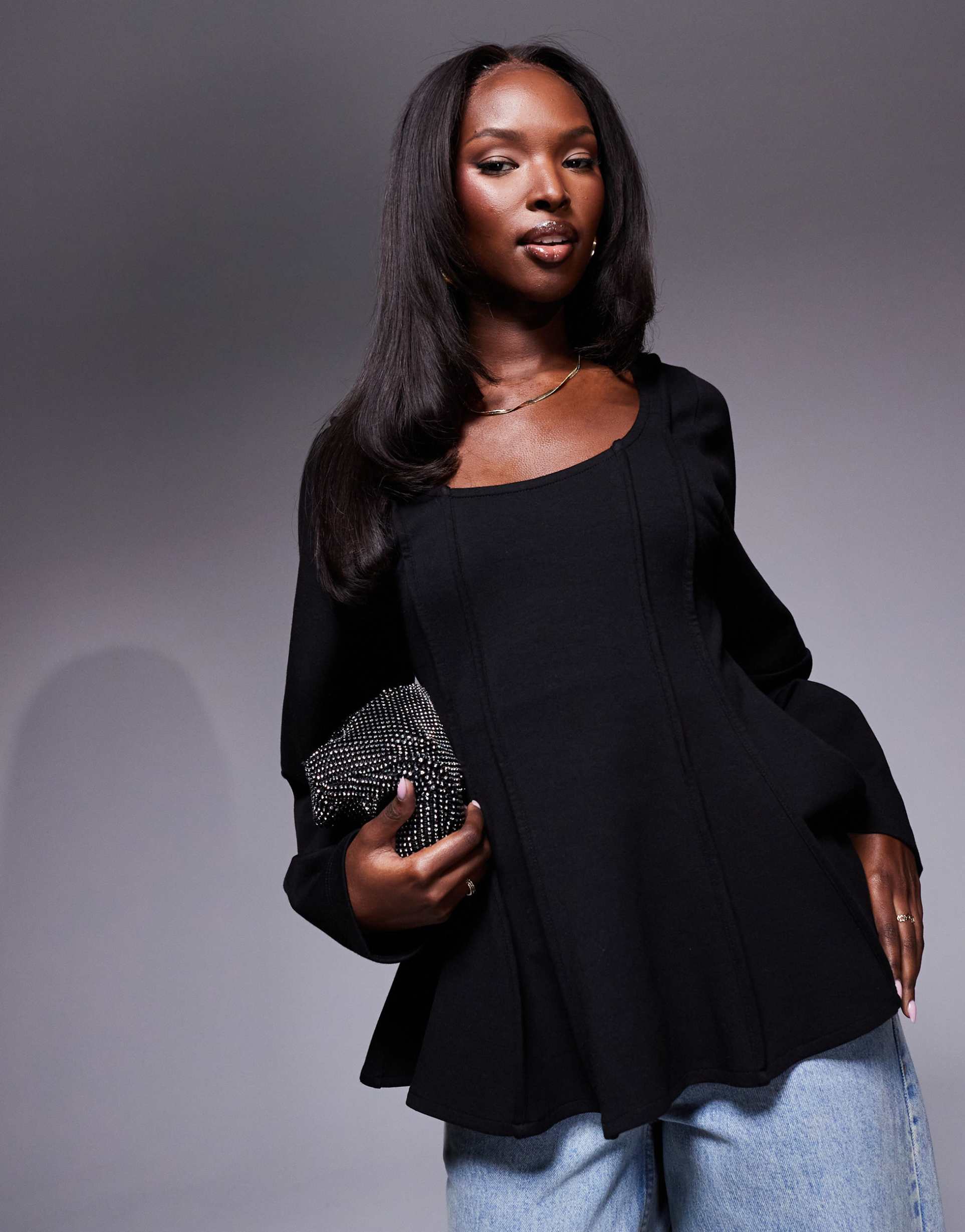 asos design exposed seam peplum top in black