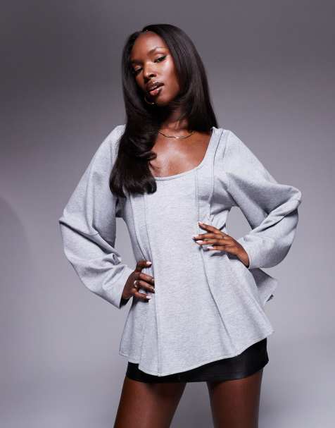 ASOS DESIGN exposed seam peplum top in gray heather - view 1