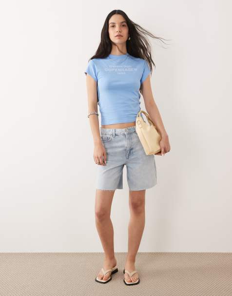 ASOS DESIGN exposed seam shrunken tee with Copenhagen graphic in light blue - view 1