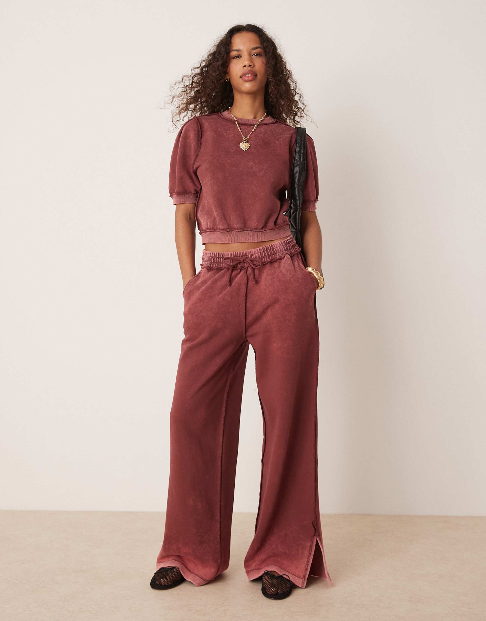 asos design exposed seam sweatpants in washed burgundy - part of a set