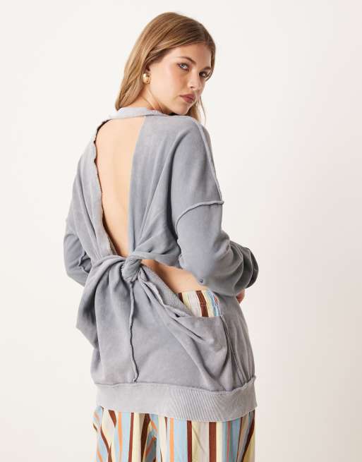 ASOS DESIGN exposed seams brushback twist back sweatshirt in washed blue, 3 of 4