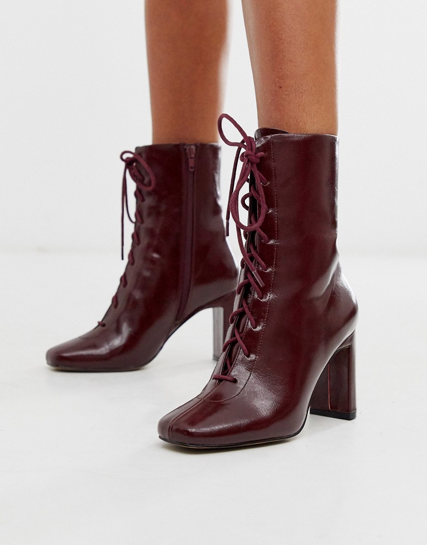 ASOS DESIGN Expression lace up heeled boots in burgundy-Red