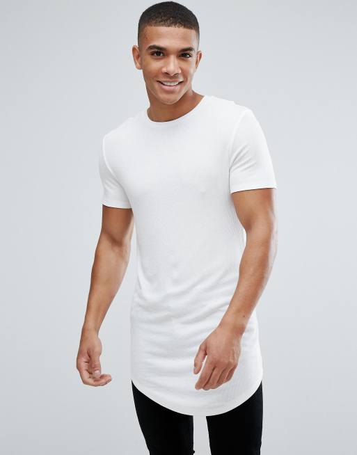 ASOS Design - Extra lang aansluitend T-shirt met ribbels en een ronde zoom in gebroken wit