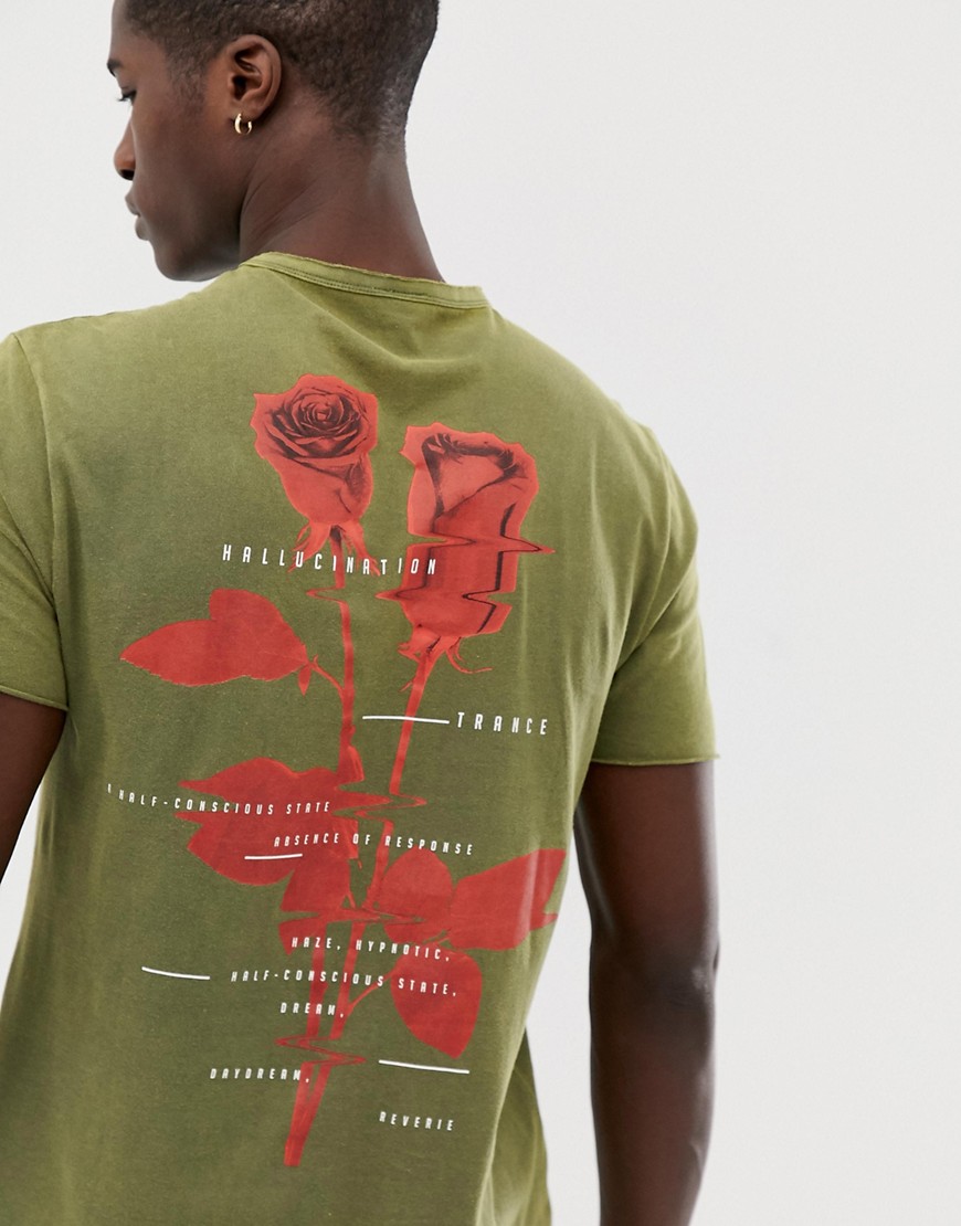 ASOS DESIGN - Extra lang T-shirt met rozenprint op de achterkant en heavy wash-Groen