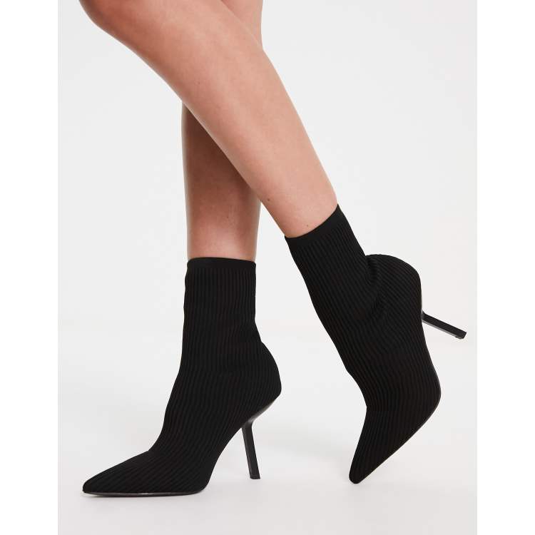 RIBBED MID-HEIGHT HEELED ANKLE BOOTS - Black