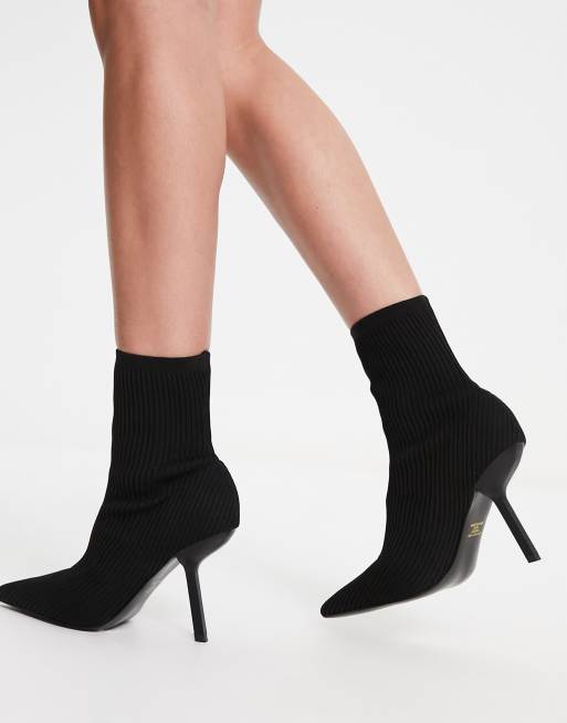 RIBBED MID-HEIGHT HEELED ANKLE BOOTS - Black