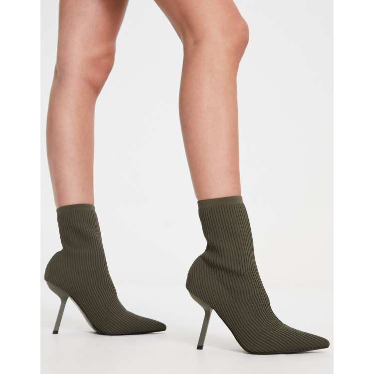 RIBBED MID-HEIGHT HEELED ANKLE BOOTS - Black