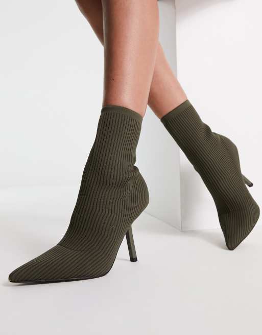 ASOS DESIGN Extra ribbed sock stiletto boots in khaki