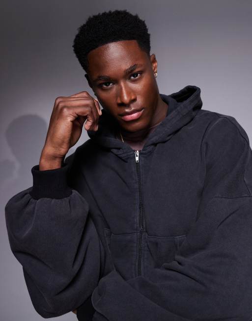 ASOS DESIGN - Extreem oversized cropped hoodie met rits in zwart met wassing, 2 van 4
