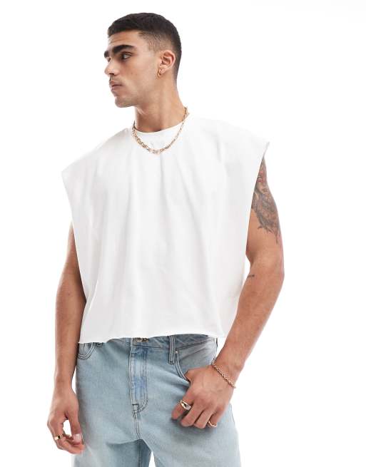 ASOS DESIGN - Extreem oversized cropped T-shirt van zware stof zonder mouwen met onafgewerkte rand in wit 