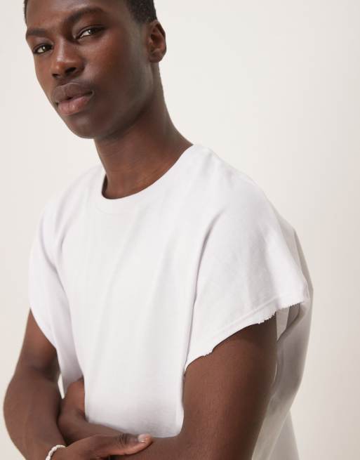 ASOS DESIGN - Extreem oversized cropped T-shirt van zware stof zonder mouwen met onafgewerkte rand in wit