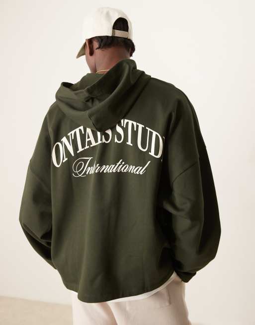 ASOS DESIGN extreme oversized hoodie with chest and back embroidery in dark green