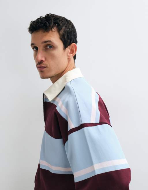 ASOS DESIGN extreem oversized rugbyshirt met halve rits, blinde sluiting en streepprint in blauw en bordeauxrood, 2 van 5