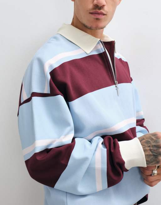 ASOS DESIGN extreem oversized rugbyshirt met halve rits, blinde sluiting en streepprint in blauw en bordeauxrood, 5 van 5