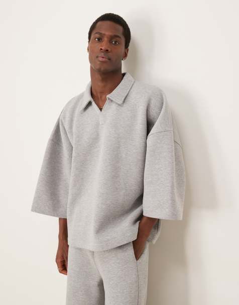 ASOS DESIGN - Extreem oversized sweatshirt met polokraag en korte mouwen in gemêleerd grijs, deel van co-ord set - view 1