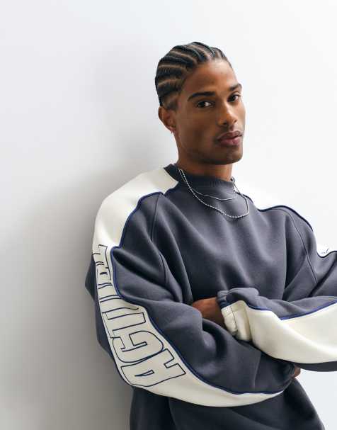 ASOS DESIGN extreem oversized sweatshirt met ronde hals, cut & sew, biezen en print in antracietgrijs - view 1