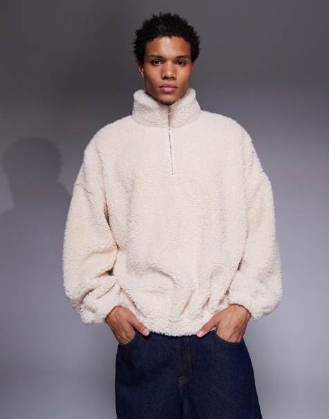 ASOS DESIGN - Extreem oversized sweatshirt van imitatiebont met kwart rits en opstaande boord in lichtbruin - view 1
