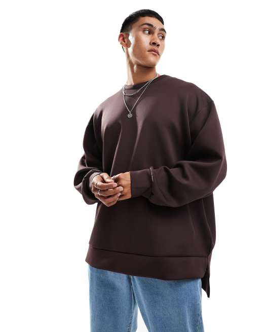 ASOS DESIGN - Extreem oversized sweatshirt van scubastof met split in de zoom in bruin