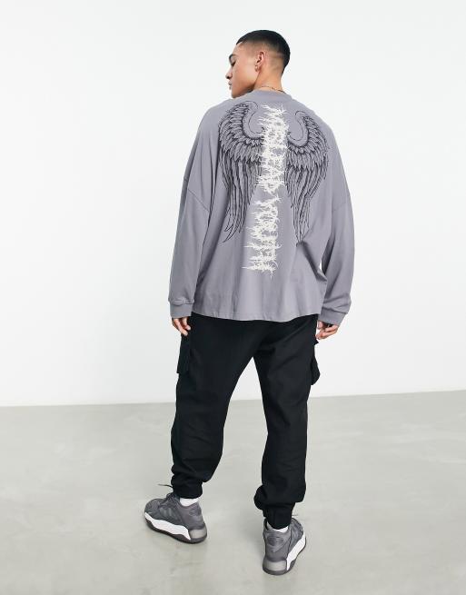 ASOS DESIGN - Extreem oversized T-shirt met lange mouwe en vleugelprint op de rug in donkergrijs