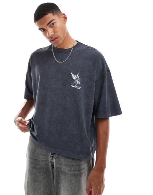 ASOS DESIGN - Extreem oversized T-shirt van 220g/m² zware stof met engelenprint op de borst in zwart met wassing