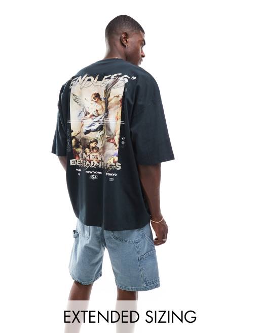 ASOS DESIGN - Extreem oversized T-shirt van 220g/m² zware stof met renaissance-print op de achterkant in zwart