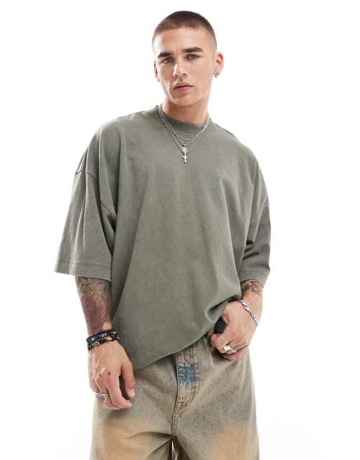 ASOS DESIGN - Extreem oversized T-shirt van zware stof in kaki met wassing