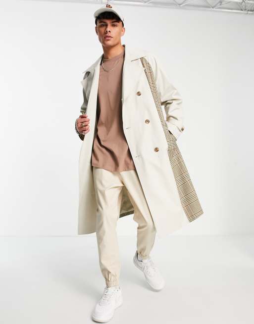 ASOS DESIGN - Extreem oversized trenchcoat in stone met contrasterende geruite panelen, 3 van 4
