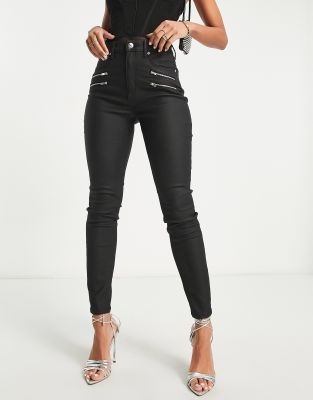 ASOS DESIGN - Extrem eng geschnittene Jeans in beschichtetem Schwarz mit Reißverschlüssen