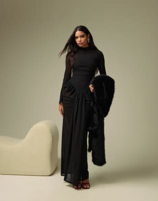 ASOS DESIGN - Extrem gerafftes schwarzes Maxikleid aus Stretch-Chiffon mit Body und hohem Kragen