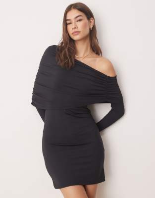 extreme asymmetric polyamide draped mini dress in black