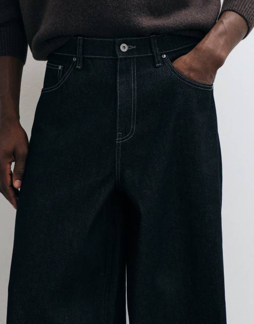 ASOS DESIGN extreme baggy jeans in raw black denim with embroidery and contrast stitch, 2 of 5