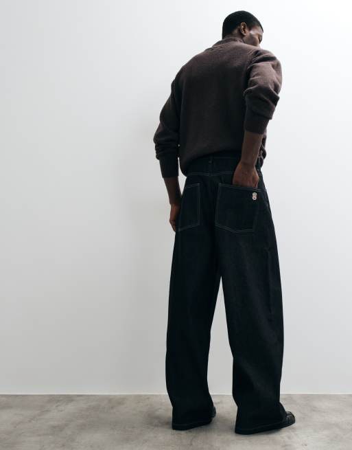ASOS DESIGN extreme baggy jeans in raw black denim with embroidery and contrast stitch, 3 of 5