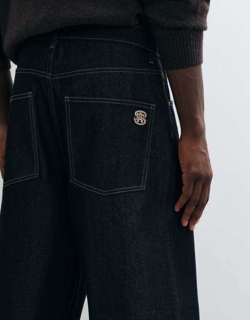 ASOS DESIGN extreme baggy jeans in raw black denim with embroidery and contrast stitch, 4 of 5