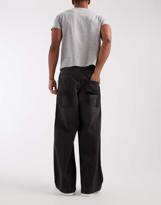 ASOS DESIGN extreme baggy jeans in washed black with embroidered back pockets and tie waist , 2 of 5
