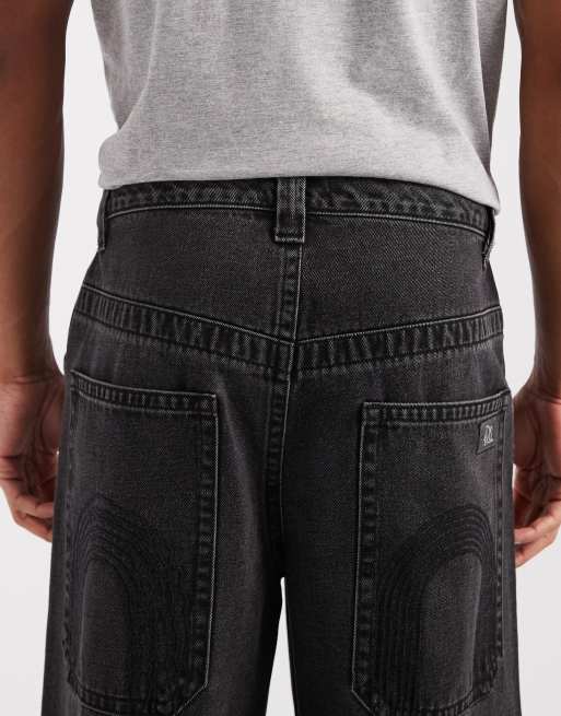 ASOS DESIGN extreme baggy jeans in washed black with embroidered back pockets and tie waist , 4 of 5