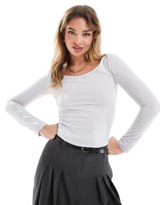 Asos Design Extreme Boat Neck Long Sleeve Top With Studding In Gray Heather