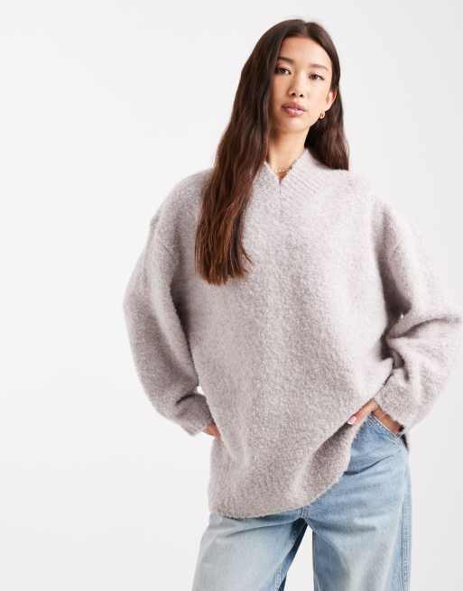 ASOS DESIGN extreme boxy v neck jumper in boucle in cream