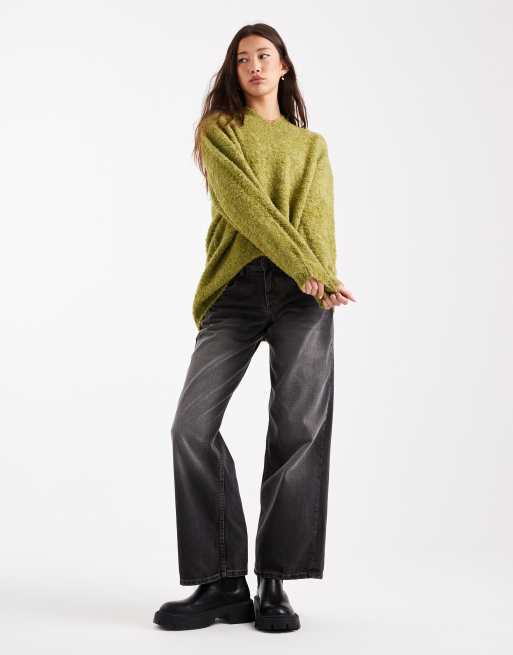 ASOS DESIGN extreme boxy v neck jumper in boucle in dark olive