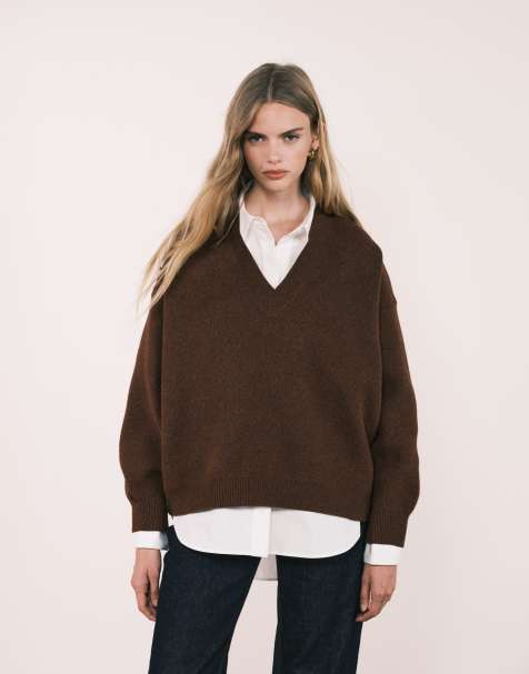 ASOS DESIGN extreme boxy v neck structured jumper in chocolate - view 1