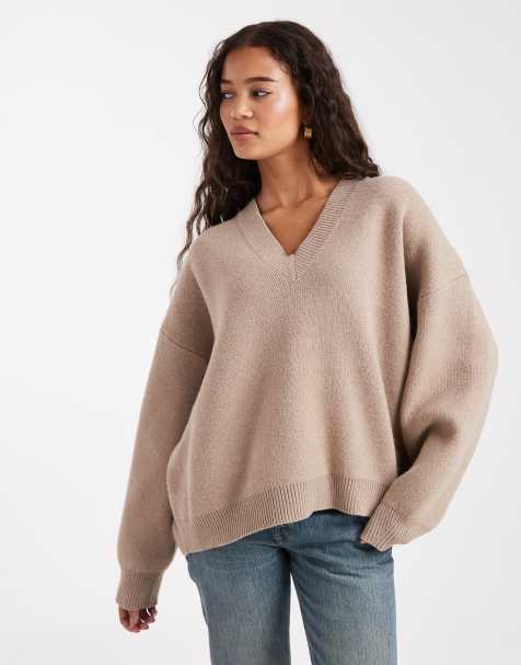 ASOS DESIGN extreme boxy v neck structured jumper in mushroom - view 1