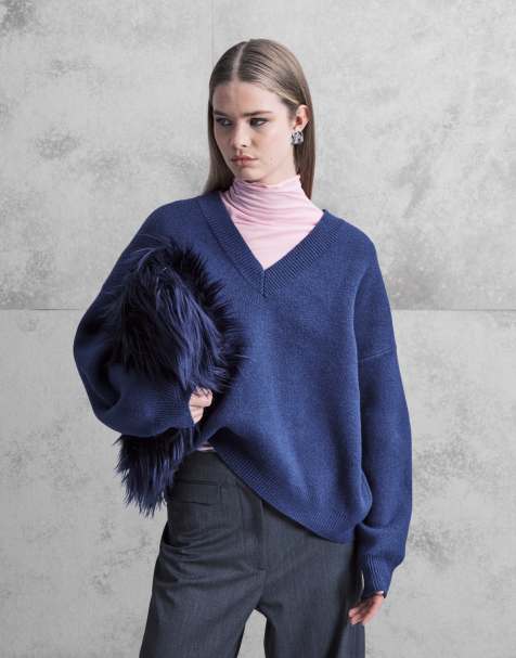 ASOS DESIGN extreme boxy v neck structured jumper in navy